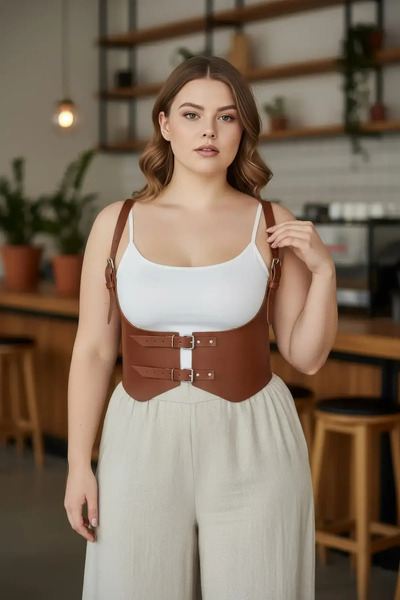 Angels Passion Plus Size Tan Women's Belted Shoulder Strap Corset Detailed Le...