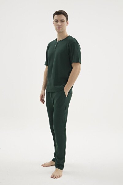 KLY Men's Short Sleeve Half Buttoned Green Pajama Set C1T5N162