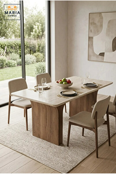MARIA HOMES Modern Rectangular Dining Table with Wooden Top and Curved Wooden...