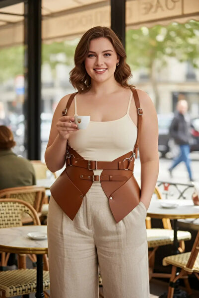 Angels Passion Plus Size Tan Women's Belted Shoulder Strap Corset Design