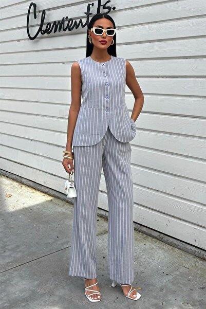 Moda4x4 Women's Clothing Gray Striped Viscon Linen Long Double Set
