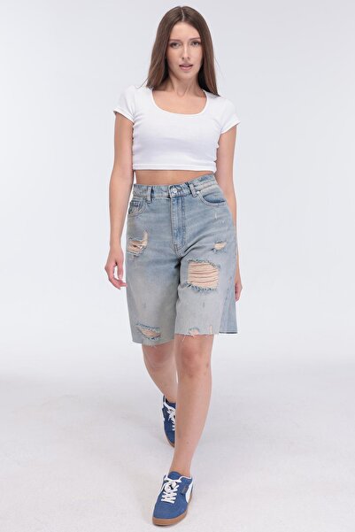 Select Moda Women's Light Blue Ripped Detailed Jean Shorts