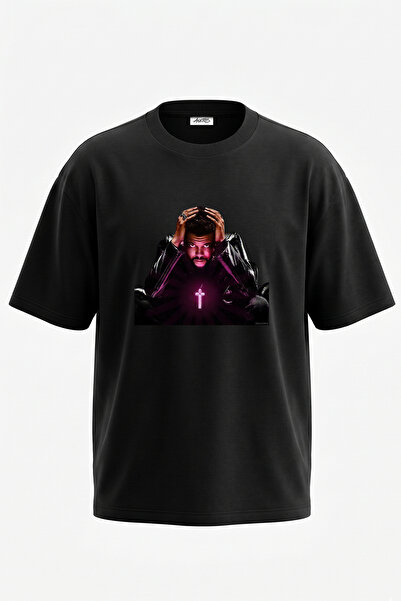 Anetos The Weeknd_61 Μαύρο μπλουζάκι με στάμπα σχεδίου και oversized εφαρμογή