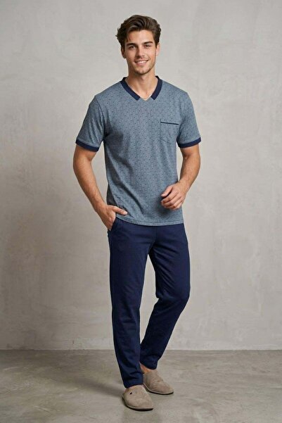 Mecit Pijama Mecit 4002 Indigo Men's Pajama Set with Large Size Short Sleeves