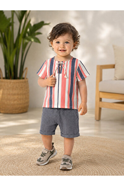 WE&ME Baby Boy Striped Linen Look Shorts Set with Lace-Up Detail for Summer