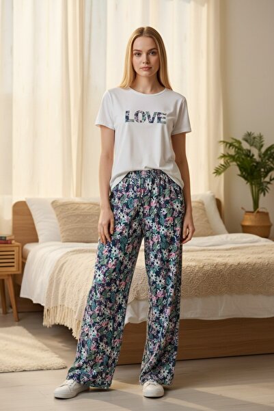 MARİGOLD COLLECTİON Green Floral Detailed Women's Short-Sleeved, Long-Pants T...