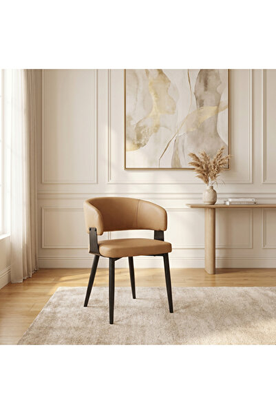 Ebticar Armchair with Curved Design and Padded Seat - Camel