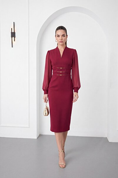 Lafaba Women's Burgundy V-Neck Accessory Detail Long Sleeve Midi Event Dress