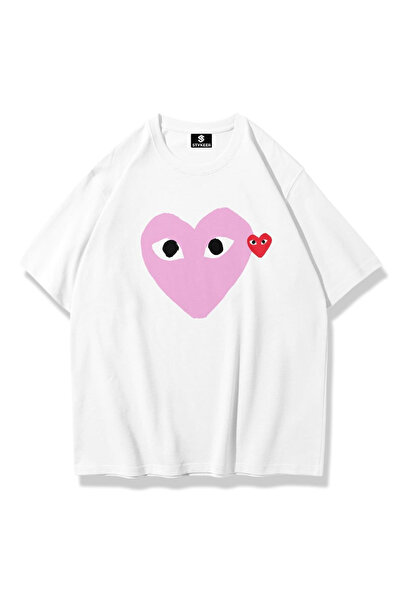 STYKEER Unisex Oversized T-Shirt with Heart Print, Loose Fit, White T-Shirt