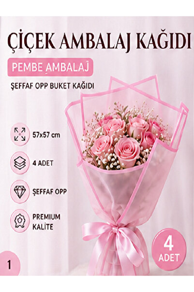 ÇINARASYADAHOME Pembe Çerçeveli Şeffaf OPP Çiçek Buket Ambalaj Kağıdı 57x57 c...