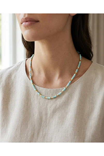 Dorvina Natural Stone Bead Necklace with Gold Detail Blue Bone Vintage Jewelry
