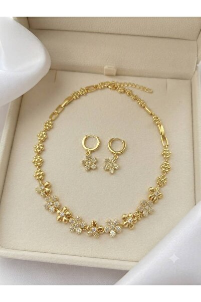 Çi & Sİ Luxury Accessory Gold Zirkon Taşlı Papatya Figürlü Bileklik Küpe Seti...