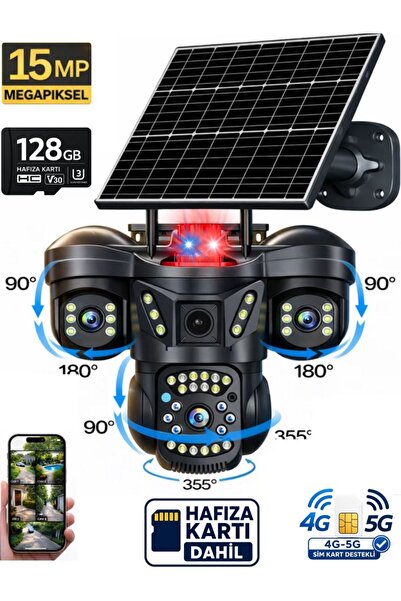 SONREİR SNR 4G 3 Lens SIM Kartlı Solar Güvenlik Kamerası 128GB Hafıza Kartı D...