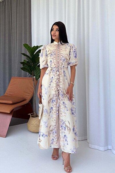 Mine Tan Butik Γυναικείο φλοράλ φόρεμα με κοντό μανίκι και γιακά