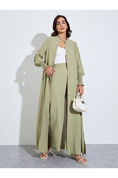 Amirah By Styli Bishop Sleeve Buttoned Longline Shirt With Wide Leg Pants Set