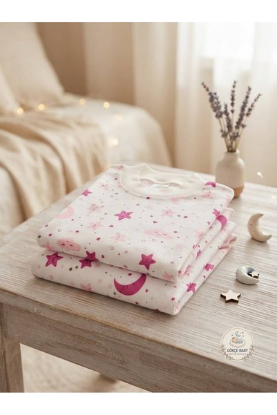 Gökçe Baby Pink Moon and Star Patterned 100% Cotton Baby Pajama Set