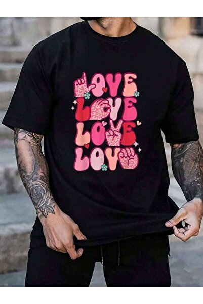 799 تي شيرت رجالي أسود قصير الأكمام بطباعة لغة الإشارة LOVE ASL، مصنوع من الق...