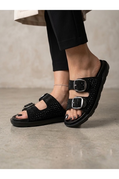 Rüya Shoes شبشب من الجلد الطبيعي مزين بحجر بتصميم كاجوال