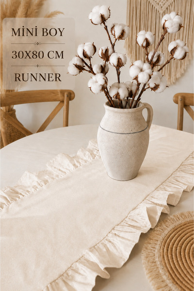 SADEN HOME Cotton Linen Ruffled Runner, Beige Color, Decorative Bohemian Styl...