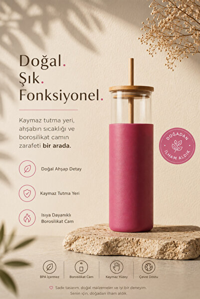 NESS HOME Bambu Kapaklı Silikon Kılıflı Cam Suluk Matara 550 ml