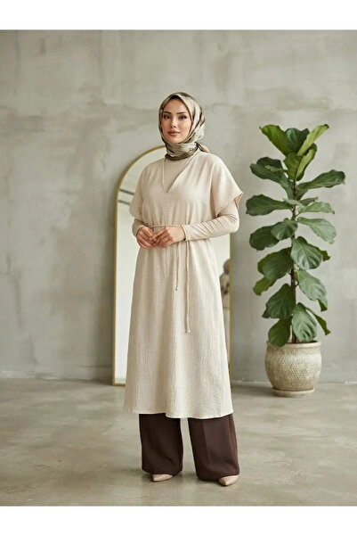 Naknaku Relaxed Fit V-Neck Muslin Dress-Stone