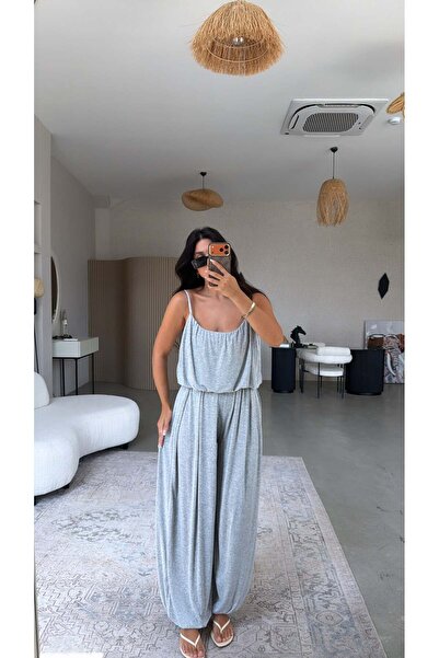 Buket Teke Gri Oys Model Askılı Bluz Şalvar Dökümlü Takım