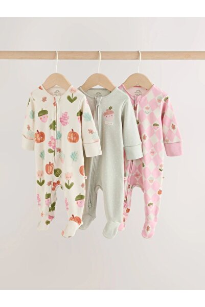 Next Baby Cotton Pink Green Printed 3-Piece Jumpsuit Set