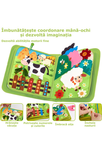 Simply Joy Carte educativă Montessori, activități senzoriale, Simply Joy, 10 pagini, dezvoltă abilități de bază, jucărie educativă pentru călătorii, cadou pentru bebeluși, fete și băieți, Animale de fermă