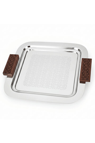 AKDC Luhpar Silver Square Stainless Steel Serving Tray with Wooden Handles – ...