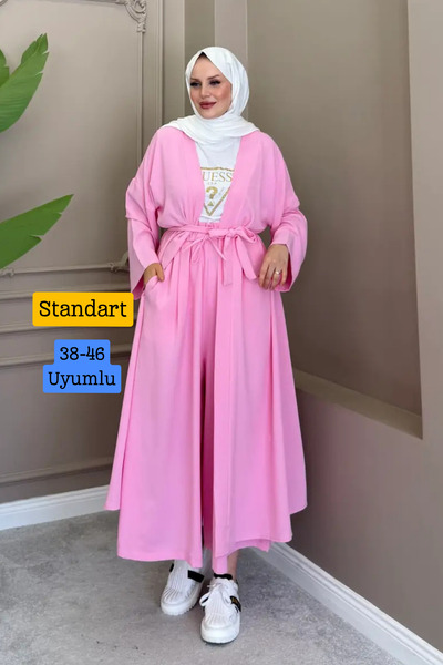 Mogi Butik طقم كيمونو نسائي طويل مع سترة وبنطلون وحزام وملابس إسلامية متناسقة...