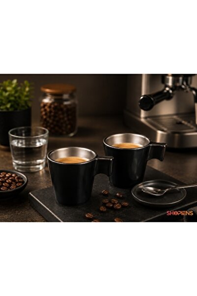 SHOPIENS Set de 2 cești de espresso din sticlă neagră, 80ml, cu interior argi...