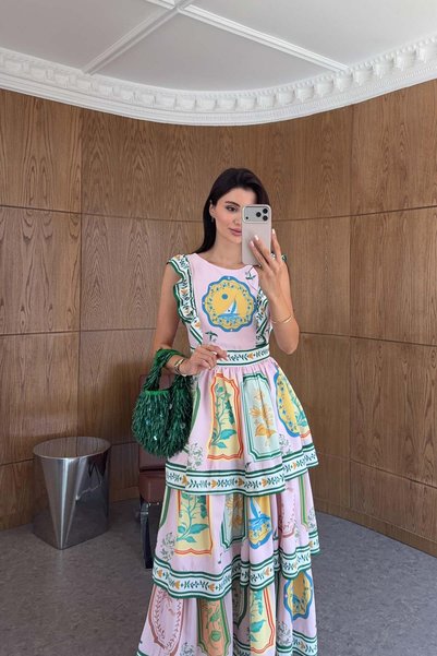 HAZELANNA Desenli Katlı Pembe Elbise