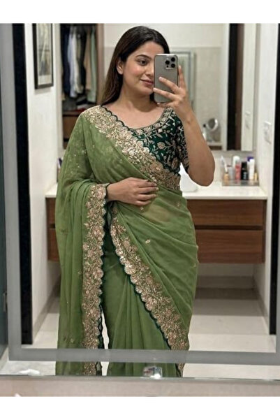MYSMAR Lime Green Georgette Saree - FFT8629 | Lime Green
