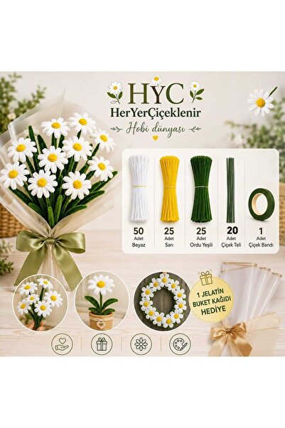 hyc heryerçiçeklenir Papatya Şönil Çiçek Yapım Kiti