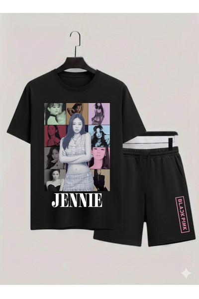 MAGORS طقم تي شيرت وشورت قصير الأكمام من القطن المطبوع من JISOO من BLACKPINK ...