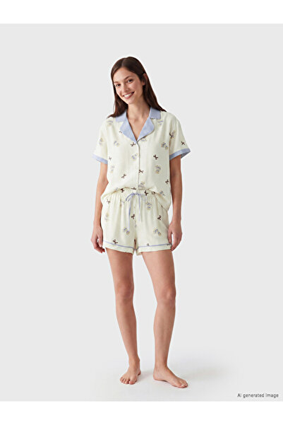 LC Waikiki Shirt Roba Collar Printed Women's Shorts Pajama Set for Style Seek...
