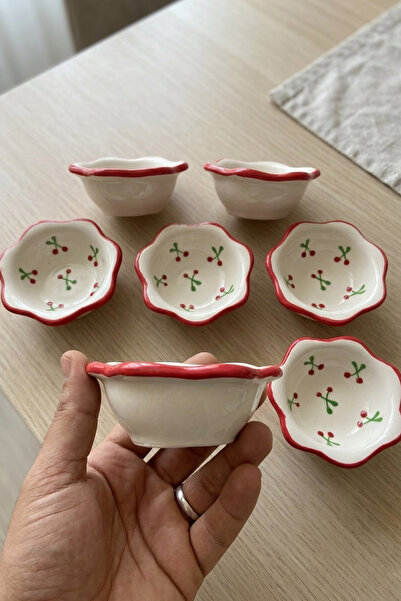 evcime El Yapımı El Boyaması Kiraz Desenli Papatya Model 6'lı Seramik Sosluk & Reçellik & Çerezlik ve Kahvaltı Sunumluk - Kırmızı Kenarlı