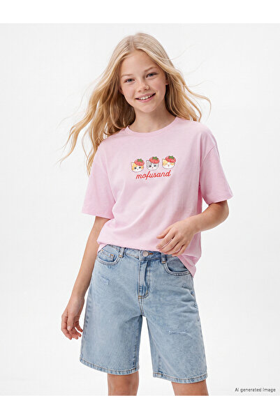 LC Waikiki Trendlucky Girls' T-Shirt with Oval Collar and Mofusand Print