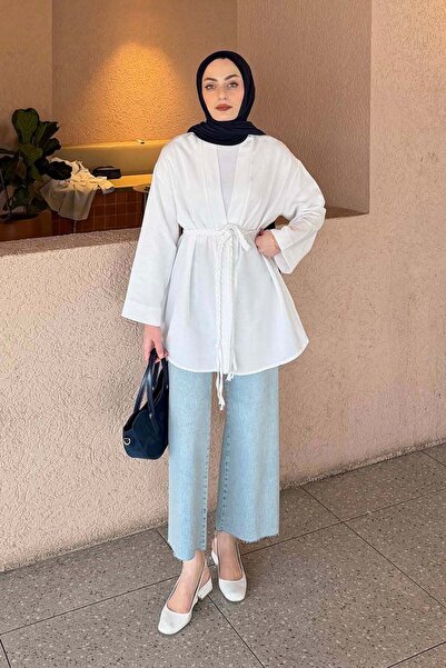 lamelif Knitted Tie-Up Kimono Jacket White
