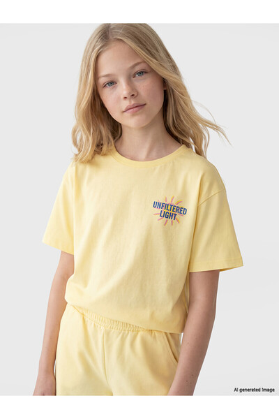 LC Waikiki Trendlucky Girls' T-Shirt with Oval Collar and Printed Design