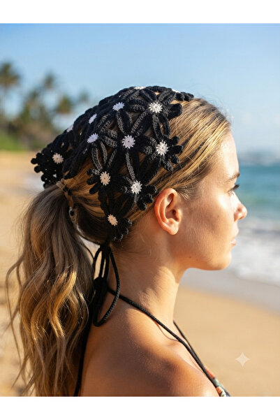 ladyzey Women's Black and White Crochet Floral Patterned Hair Bandana