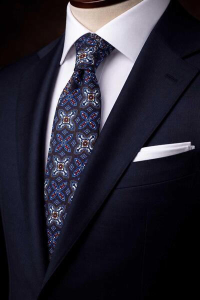 Kravatkolik Coffee - Navy Blue Motif Pattern Italian Silk Tie İk2477