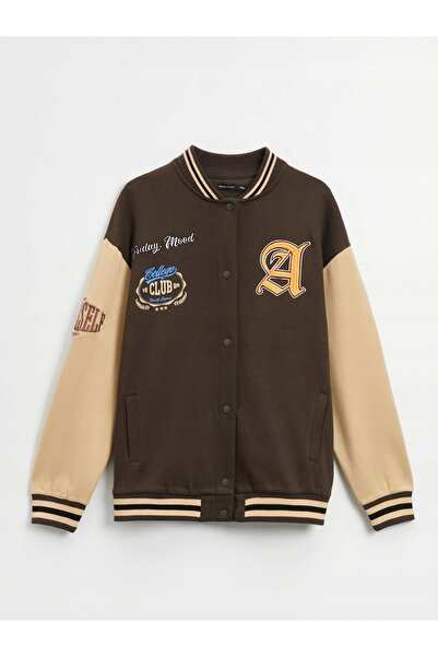 NO BRAND Jachetă de baseball maro, supradimensionată, cu petice, clasică, XS/S