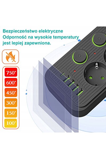 NO BRAND Prelungitor cu 5 prize + 4 porturi USB + 1 port USB-C, cu întrerupăt...
