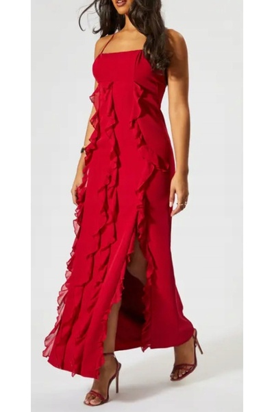NO BRAND Rochie maxi roșie cu bretele, volane, fermoar neted Misspap 34