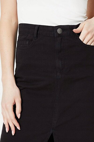 NO BRAND Fustă midi neagră clasică din denim, croială dreaptă, cu buzunare cu...