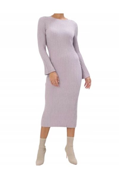 NO BRAND Rochie tricotată midi, mulată, tip creion, de culoare lavandă, cu mâ...