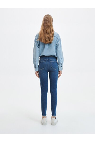 NO BRAND Blugi albaștri din bumbac cu textură, stil slim fit, tip țigară, măr...