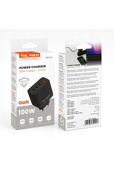 NO BRAND Încărcător de rețea Teltech 100W GaN cu 3 porturi USB-C și 1 port US...