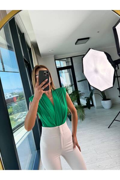 FWB Yeşil Vatkalı Lüks Kalite Bodysuit Bluz